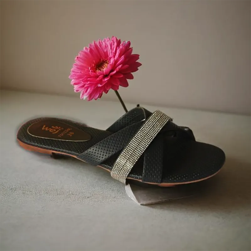 Black Flat Fancy Slippers for women