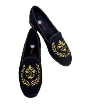 By Paige Hand-Stitched Needlepoint Loafer Metallic Gold Fleur de lis