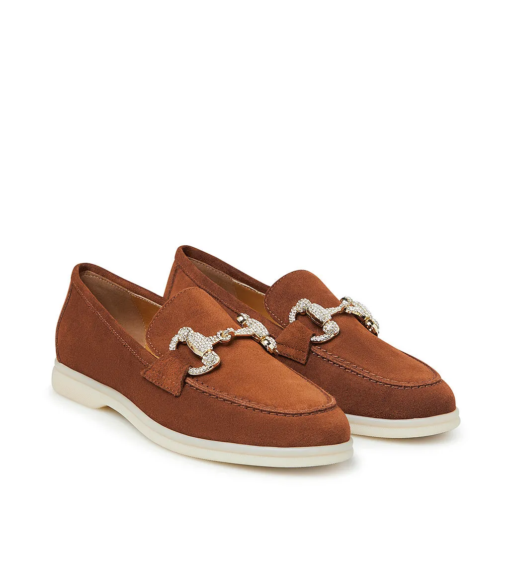 Jewel-buckle rust-tone suede loafers