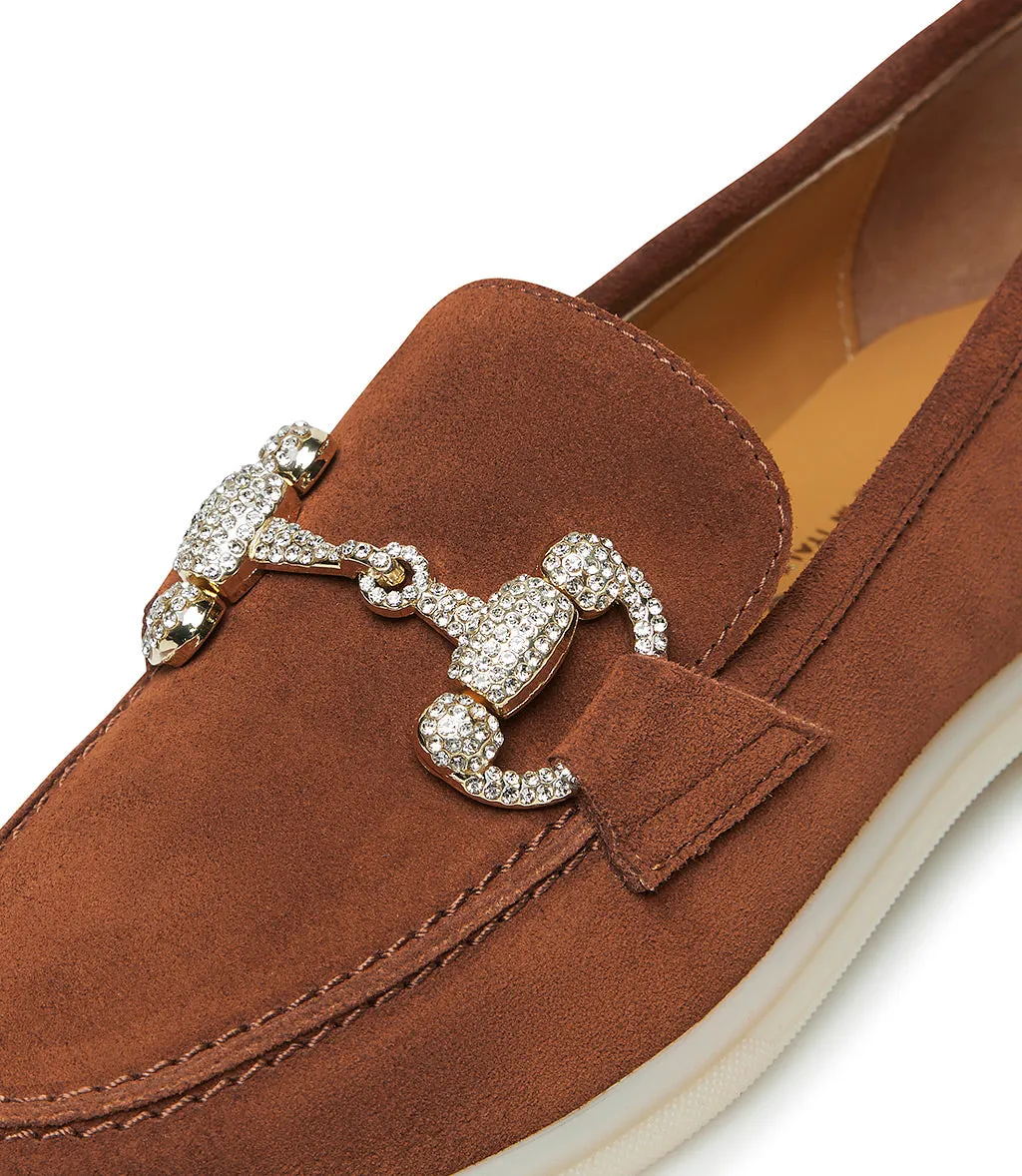 Jewel-buckle rust-tone suede loafers