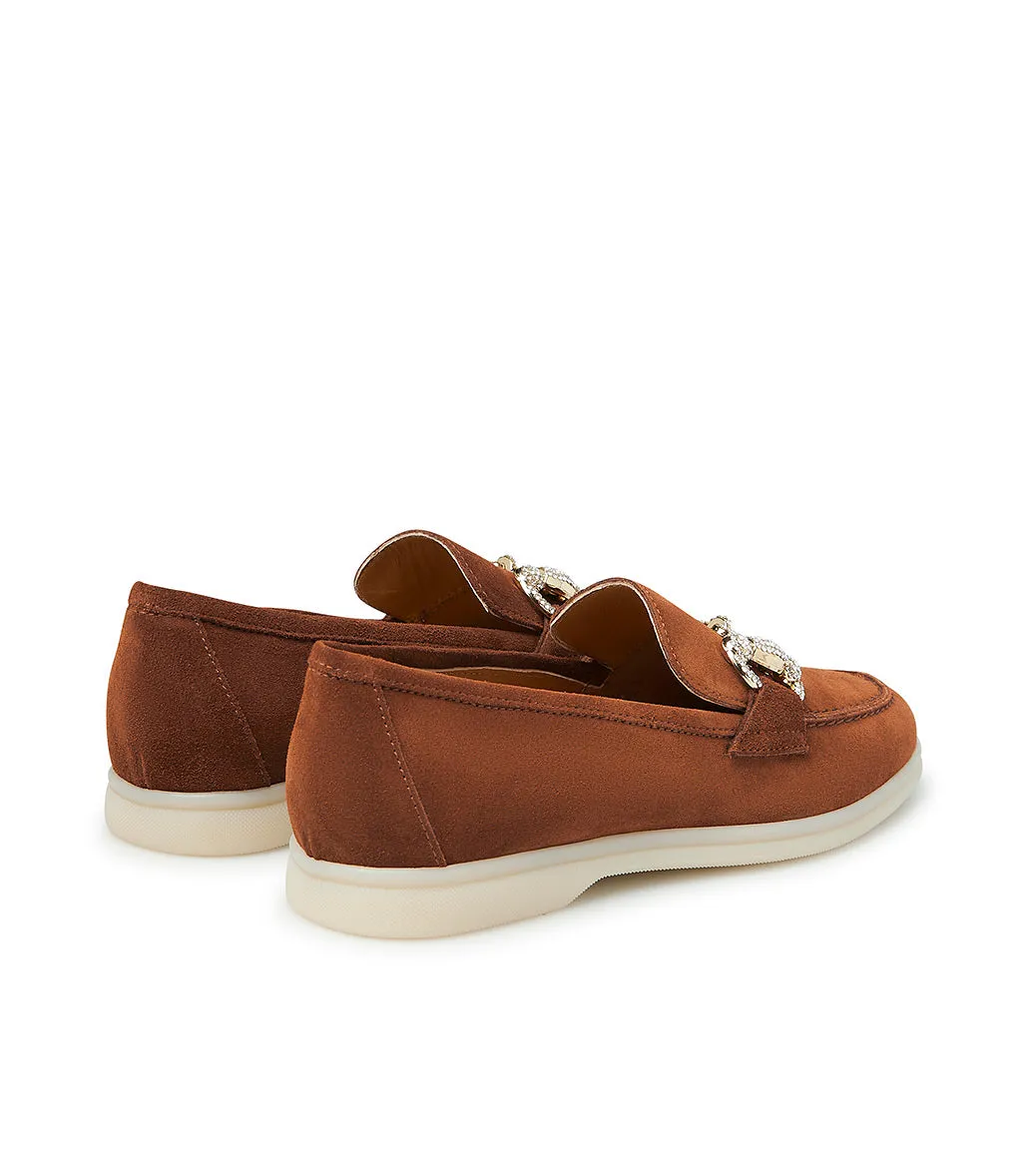 Jewel-buckle rust-tone suede loafers