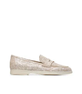 Nude and silver embossed suede loafers