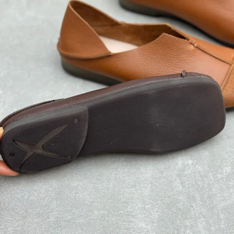 Women's Handmade Cowhide Flat Retro Square Toe Literary Casual Shoes