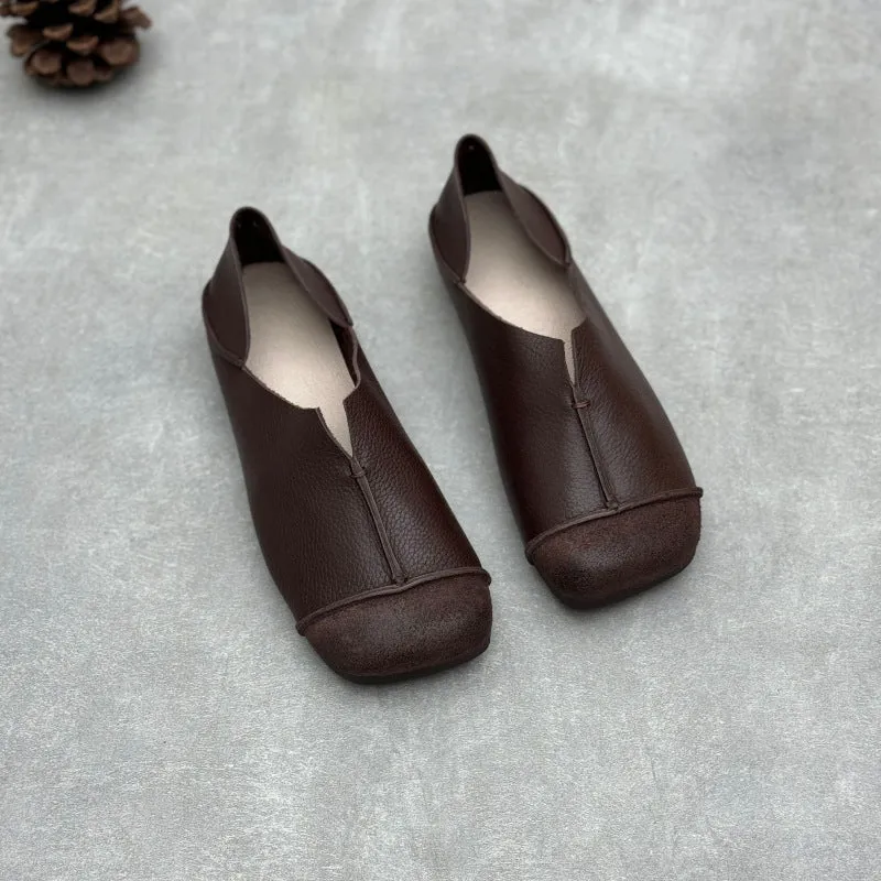 Women's Handmade Cowhide Flat Retro Square Toe Literary Casual Shoes